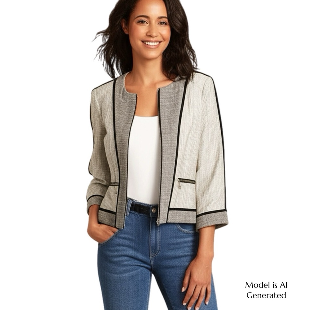 Karl Lagerfeld Cream Tweed Open-Front Jacket with Black Trim